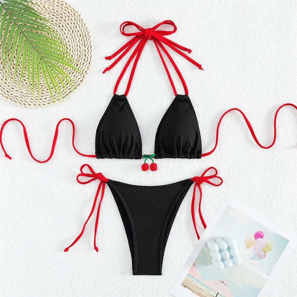 Cute cherry two piece bikini set, for women, all sizes, black/red, white/red, comfortable material