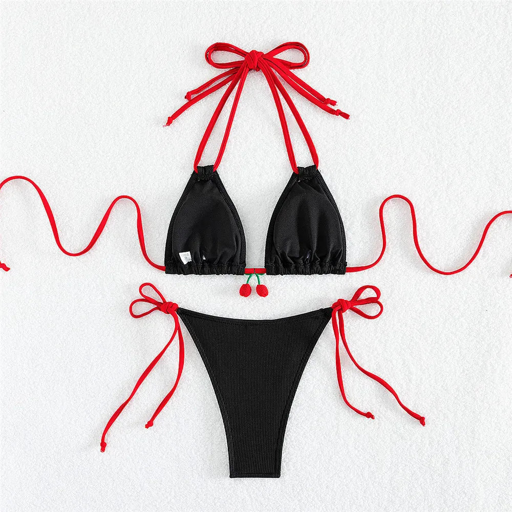 Cute cherry two piece bikini set, for women, all sizes, black/red, white/red, comfortable material